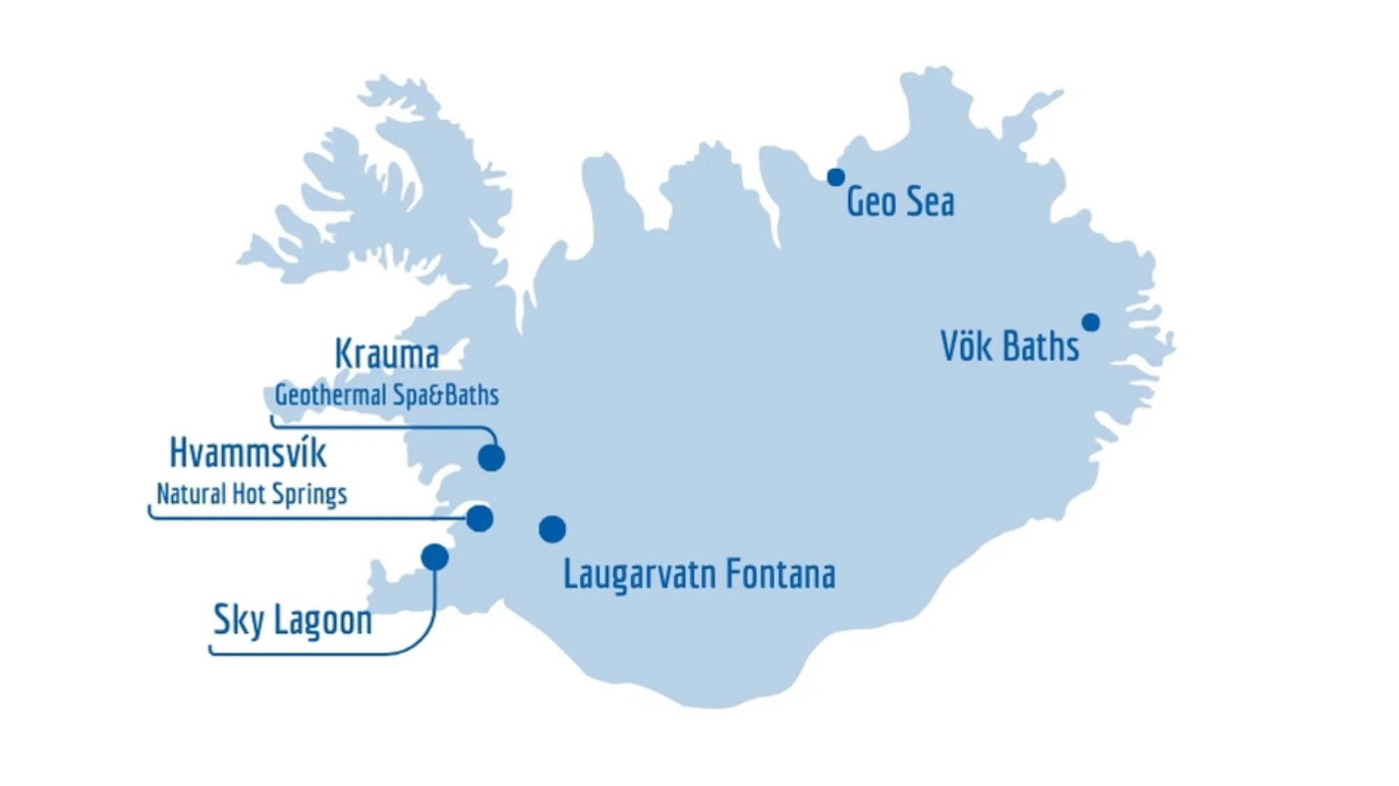 Karte von Island mit eingezeichneten, buchbaren Bädern in Island