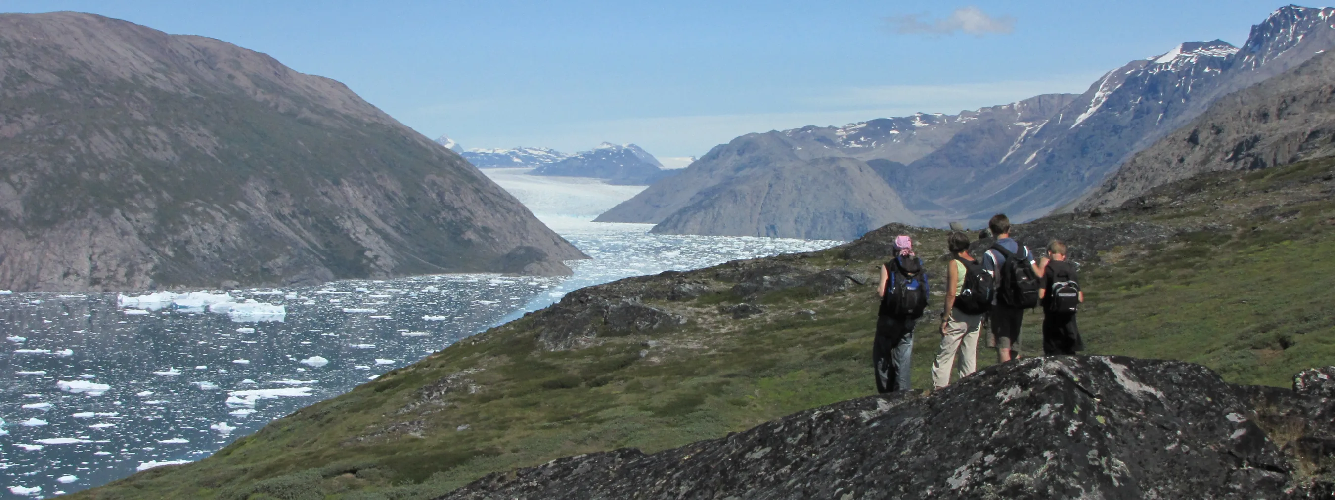 Vier Wanderer blicken auf einen Fjord mit vielen kleinen Eisschollen