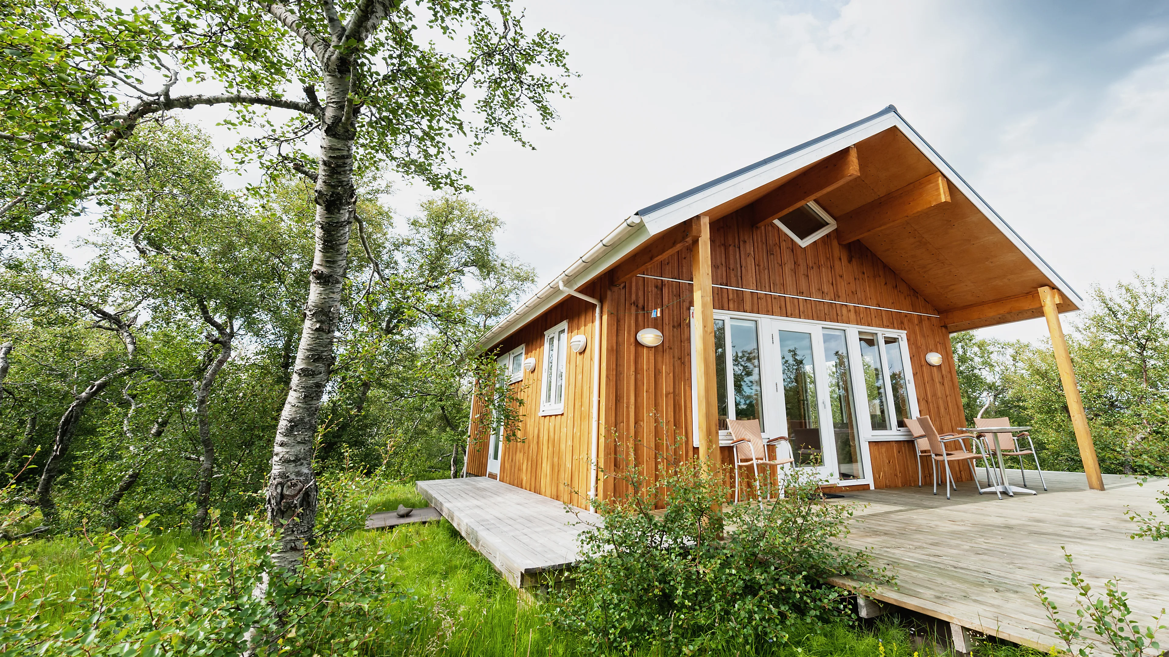 Hölzernes Ferienhaus mit großer Terrasse und vielen Birken drumherum