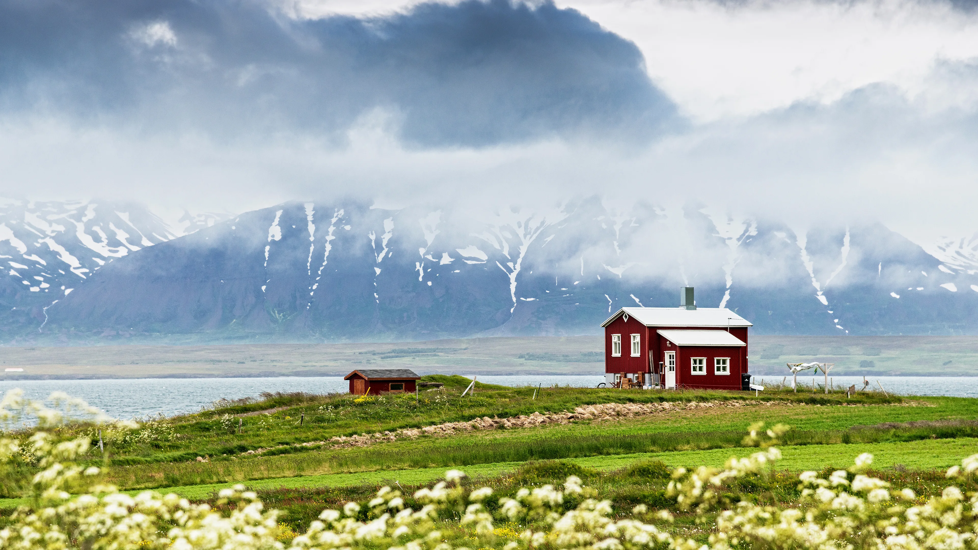 Ein kleines rotes Haus in bewölktem Wetter auf einer Wiese, im Hintergrund ist ein Fjord und verschneite Berge auf der anderen Seite