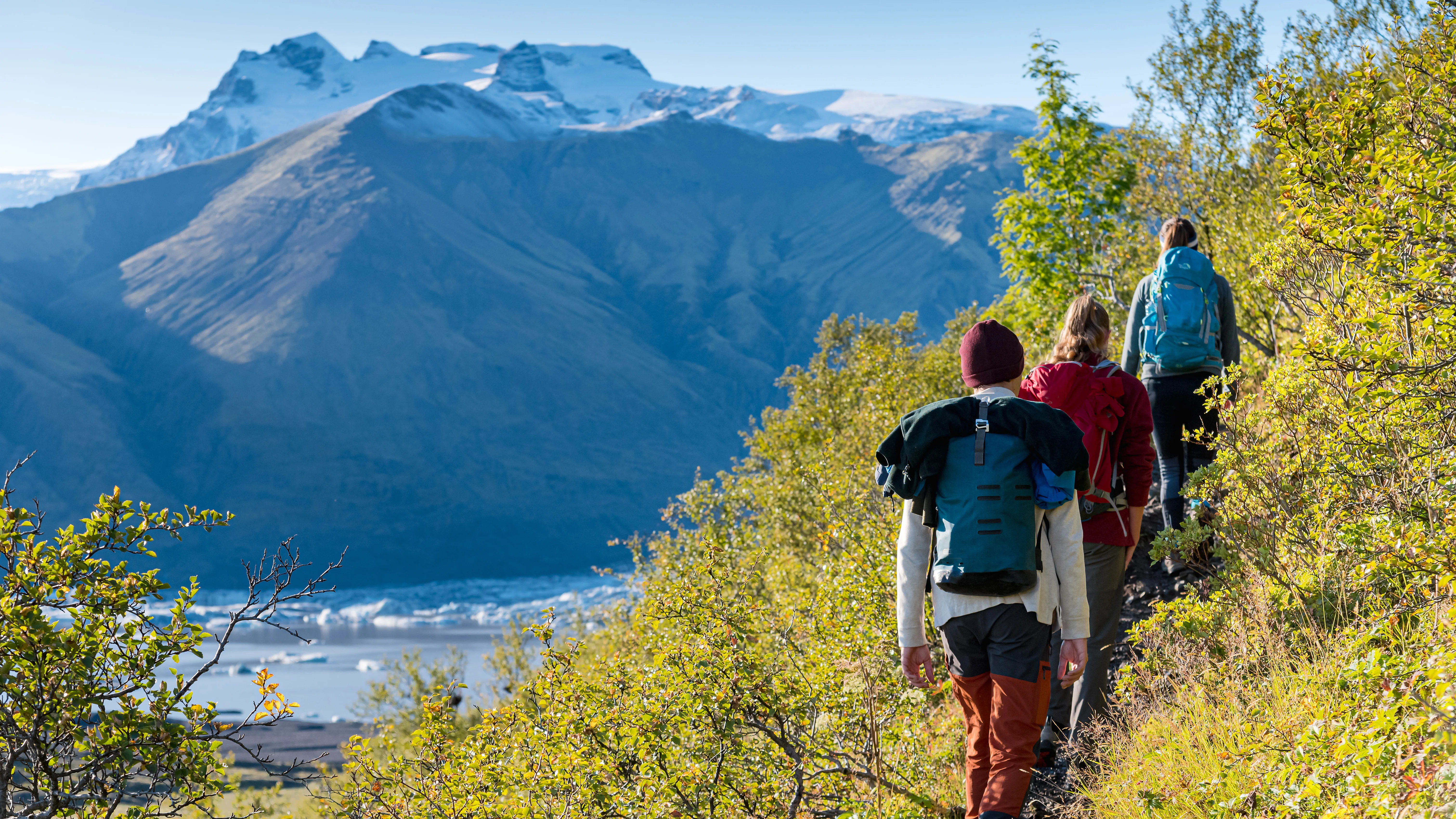 Wandergruppe in Skaftafell in island wandert mit Aussicht auf verschneite Berge