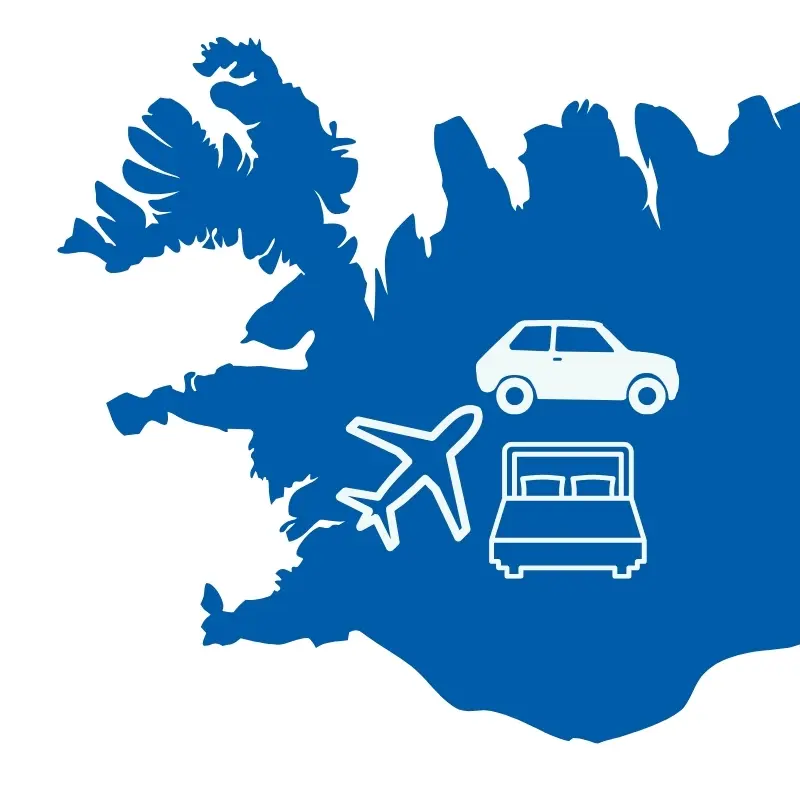 Alles aus einer Hand - Reiseplanung mit Katla Travel Islandkarte mit Symbolen Flug, Mietwagen, Hotel