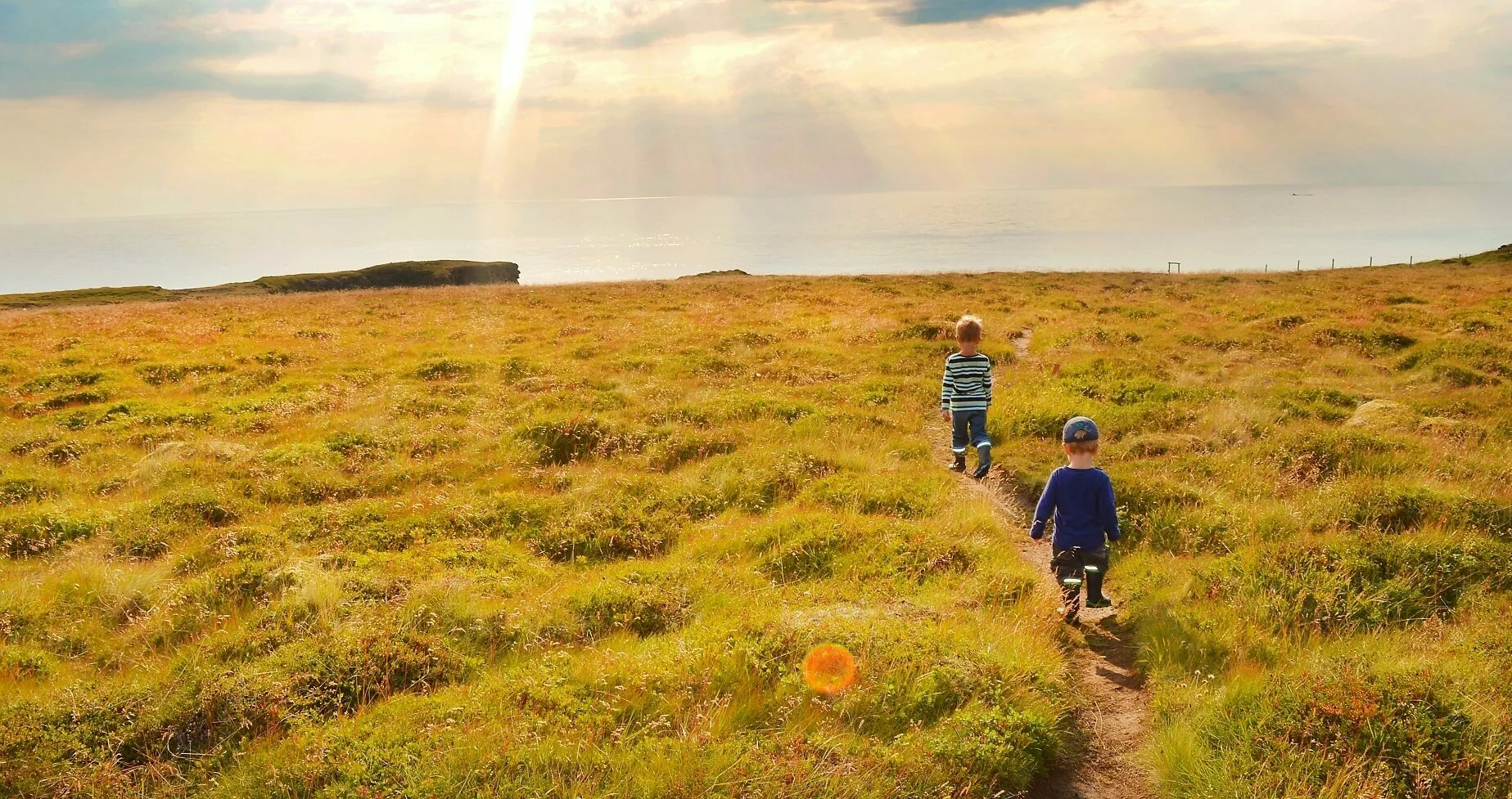 Kinder in Island Snaefellsnes laufen über eine sonnige Wiese mit Ausblick auf das Meer