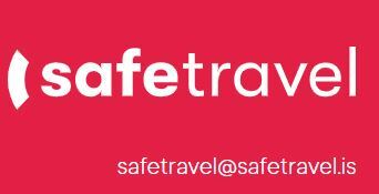 Safetravel Logo in weißer Schrift auf rotem Hintergrund, darunter steht safetravel@safetravel.is