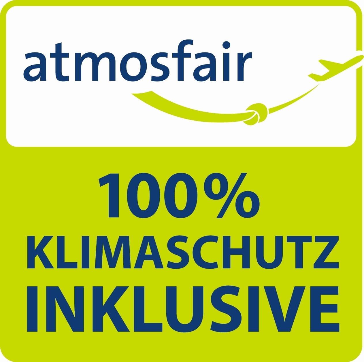 Logo der atmosfair CO2 Kompensation mit der Aufschrift: atmosfair - 100% Klimaschutz INKLUSIVE in grün, blau, weiß