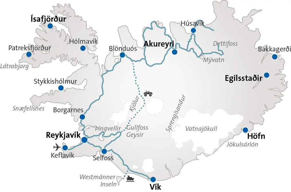Routenkarte Ferienhausurlaub Süd und Nord Island