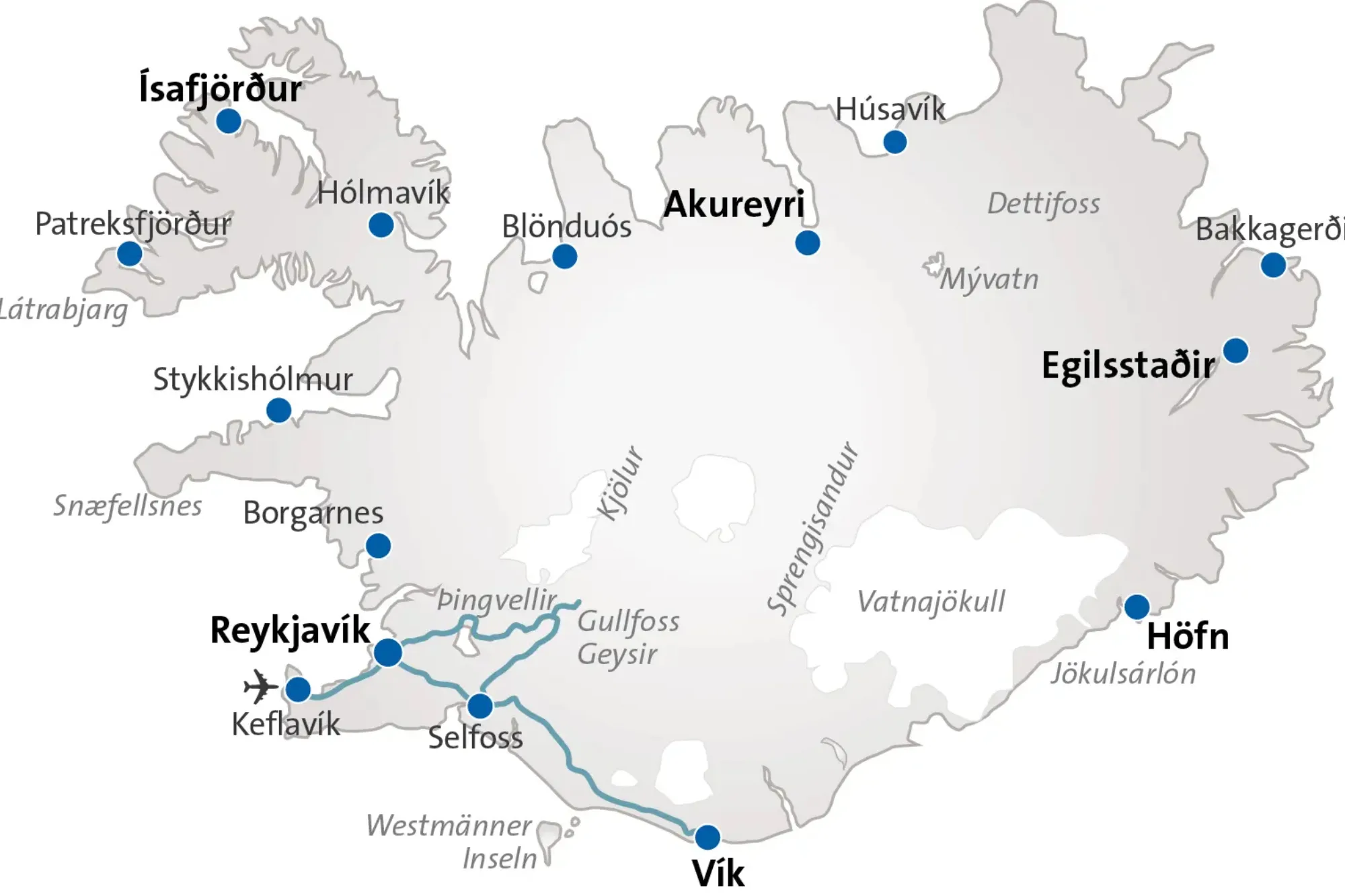 Routenkarte Städtereise, Route führt von Keflavik über Reykjavik bis nach Vik mitsam des Golden Circle