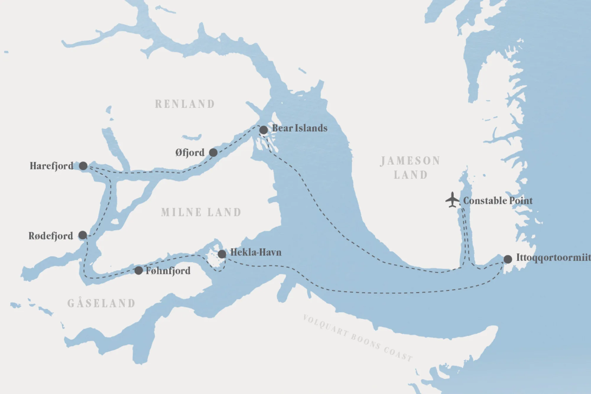 Routenverlauf Segelabenteuer Grönland, Ausgehend von Constable Point um Milneland.