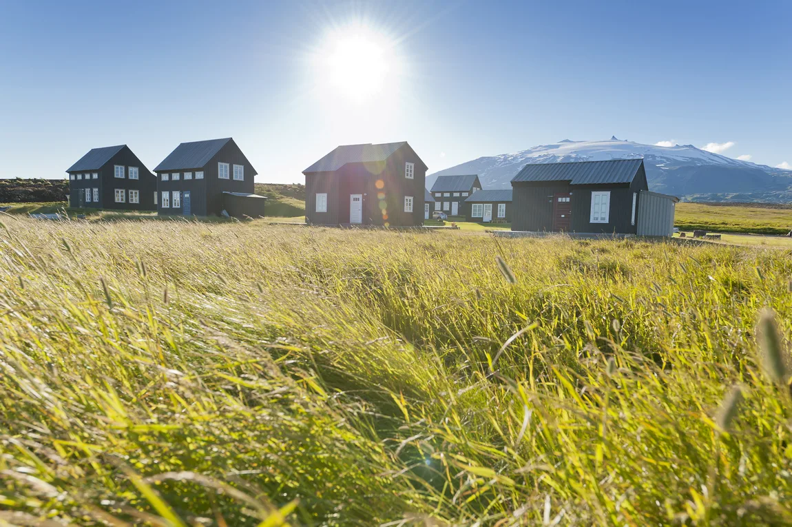 Ferienhäuser Snaefellsness halbinsel, westisland, hellnar sommerhaus heillasteinn, hintergrund gletscher, grüne Wiese, foto thomas linkel