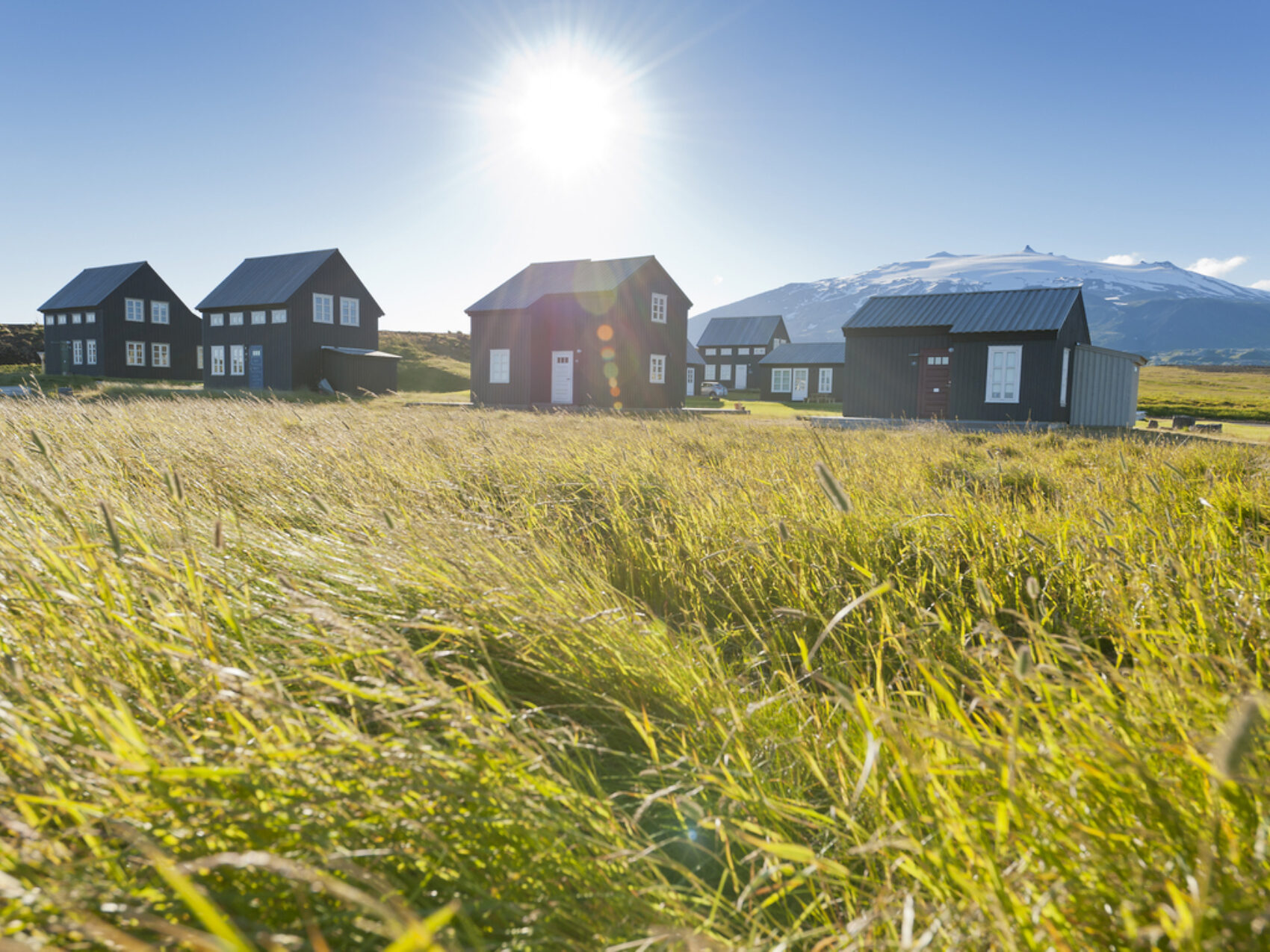 Ferienhäuser Snaefellsness halbinsel, westisland, hellnar sommerhaus heillasteinn, hintergrund gletscher, grüne Wiese, foto thomas linkel
