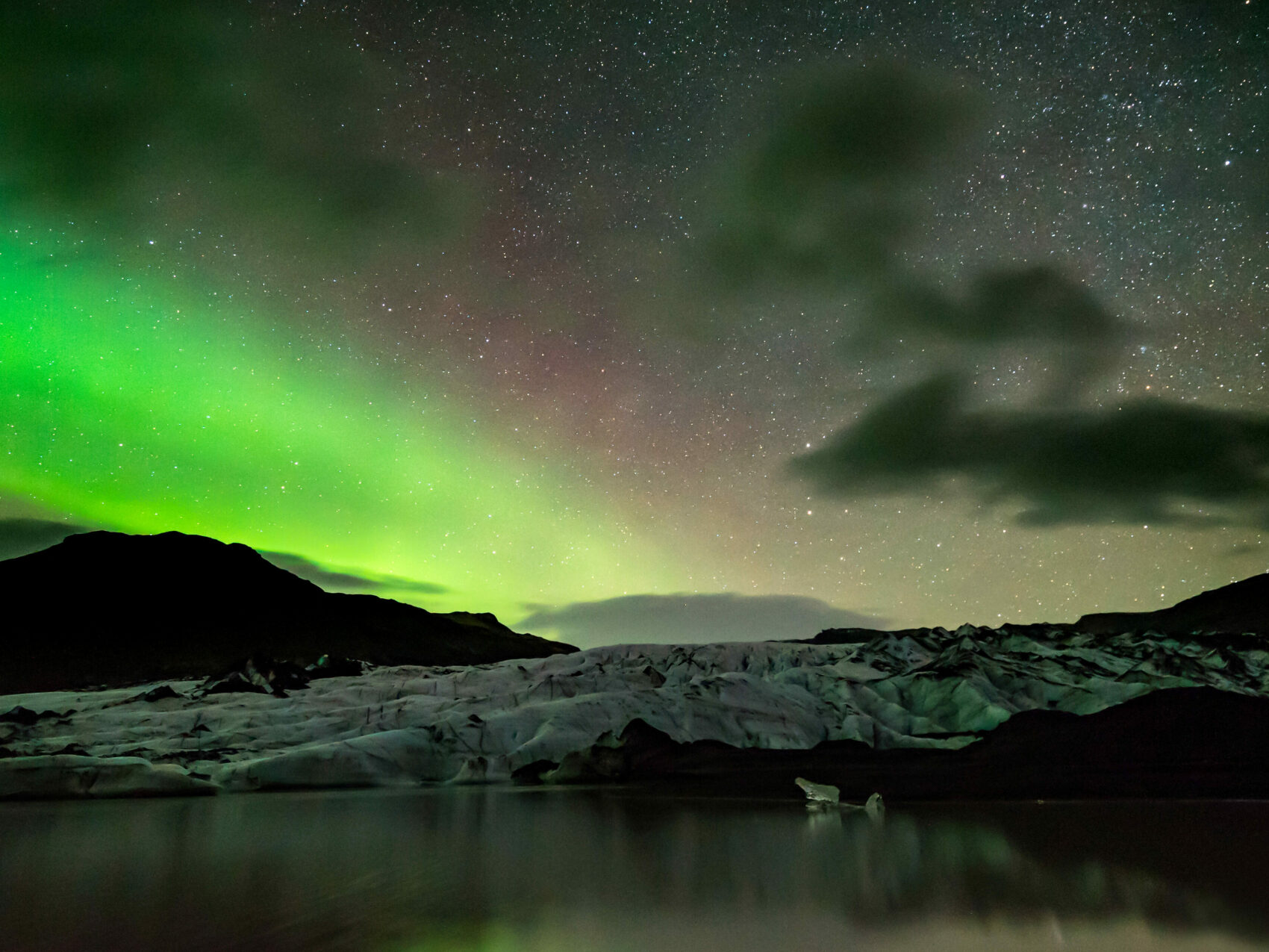 Nordlichter in Südisland, Nahe Sólheimajökull Gletscher