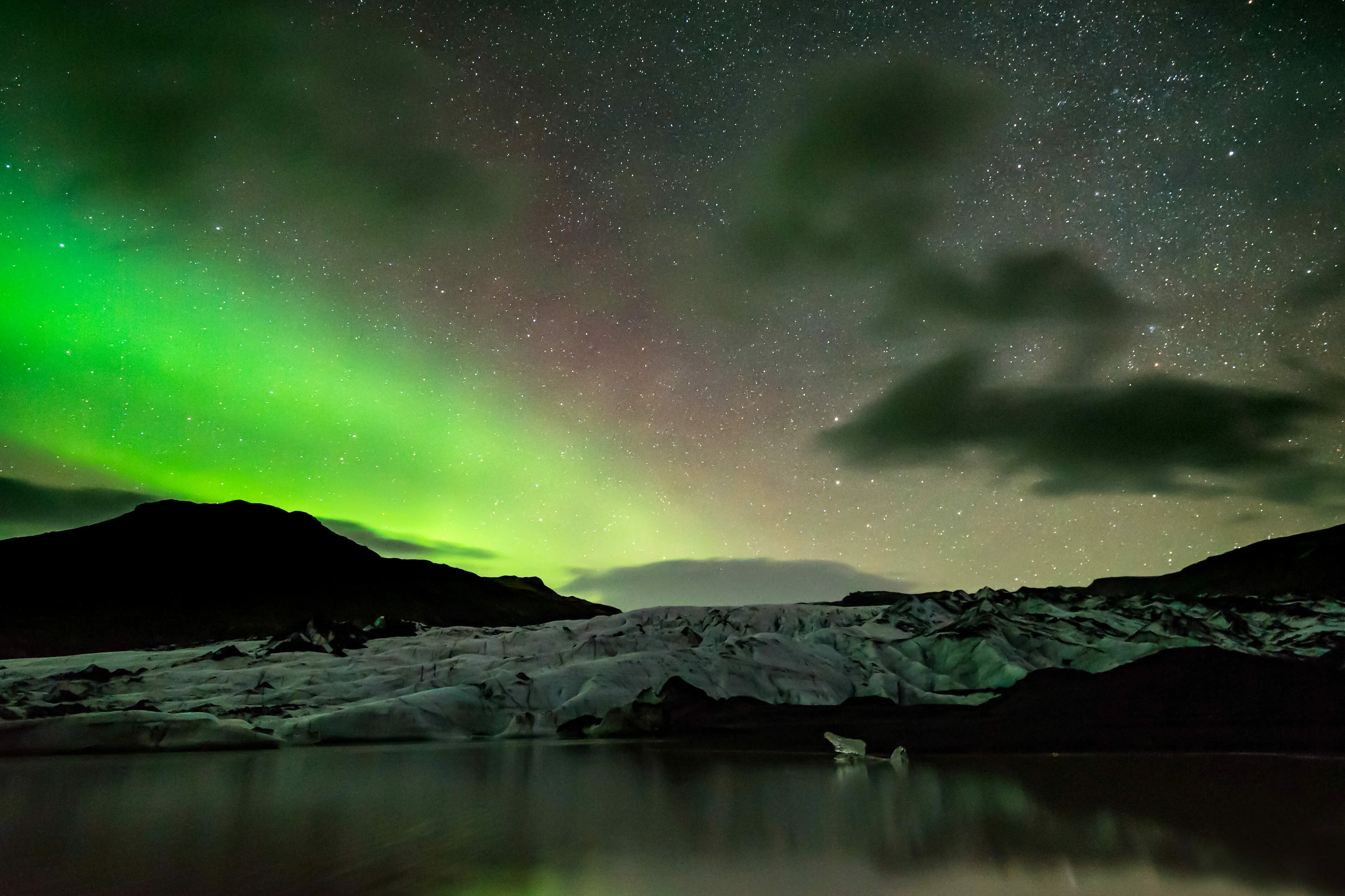 Nordlichter in Südisland, Nahe Sólheimajökull Gletscher