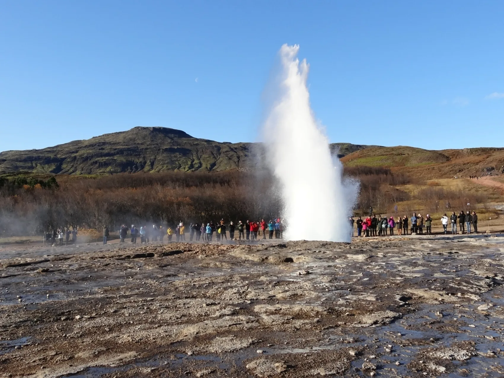 Island Geysir Strokkur bricht aus/schleudert eine Wasserfontäne in die Luft und zahlreiche Menschen schauen ihm nebeneinander zu. Im Vordergrund Felsstruktur am Boden, im Hintergrund Hügel