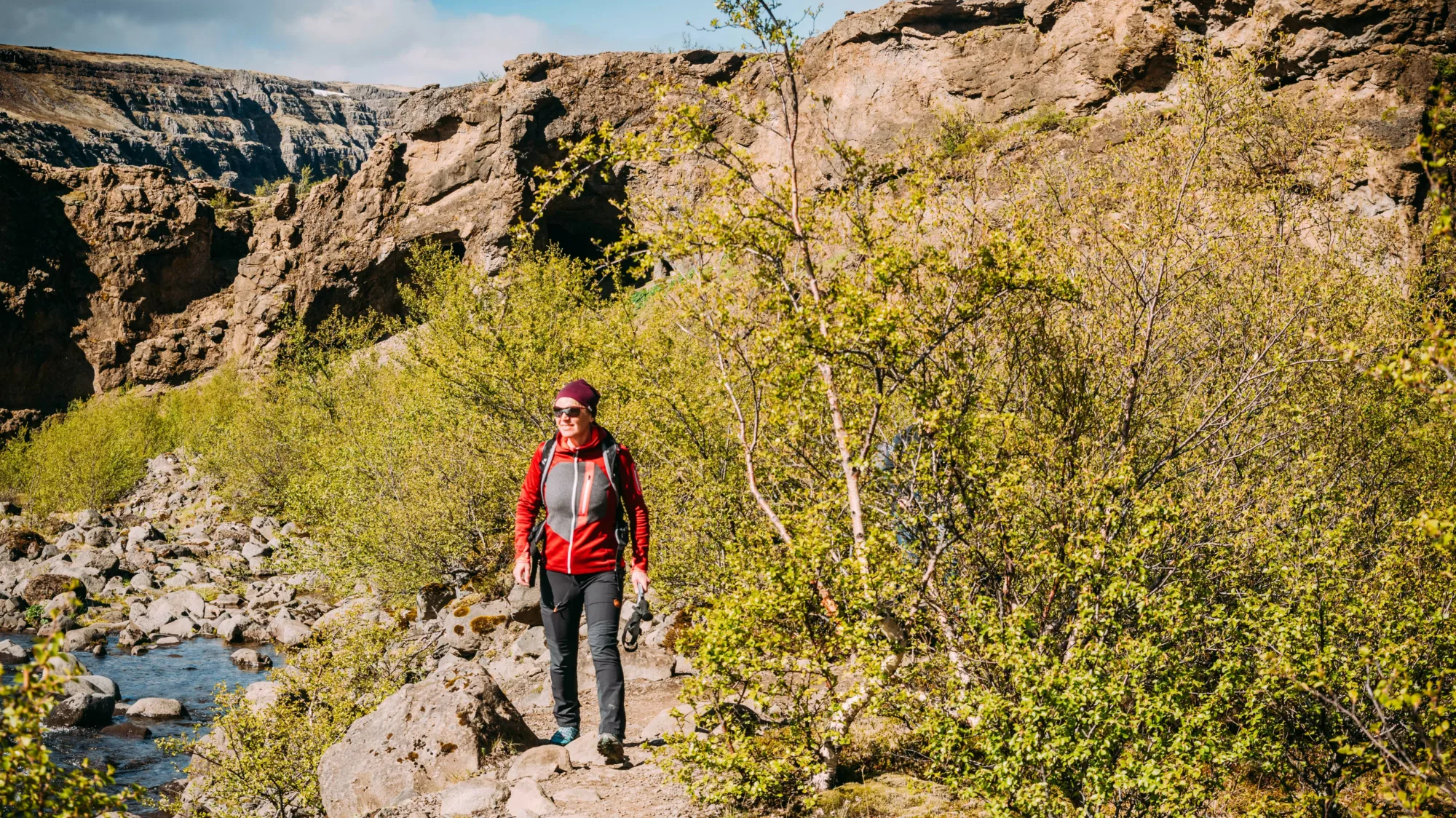 Wanderin im Hvalfjörður in West Island, Geröll, Sträucher, Berge