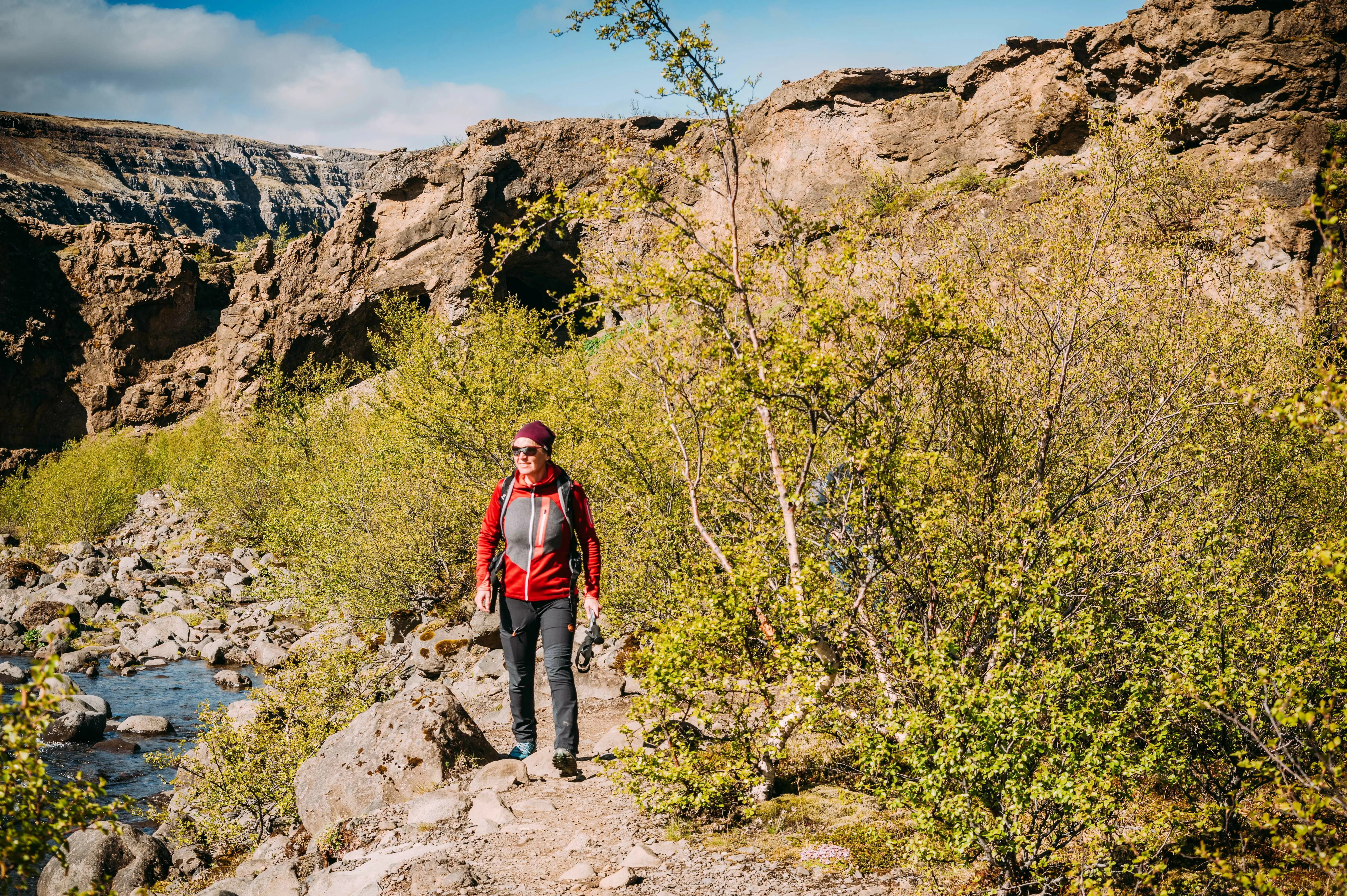 Wanderin im Hvalfjörður in West Island, Geröll, Sträucher, Berge