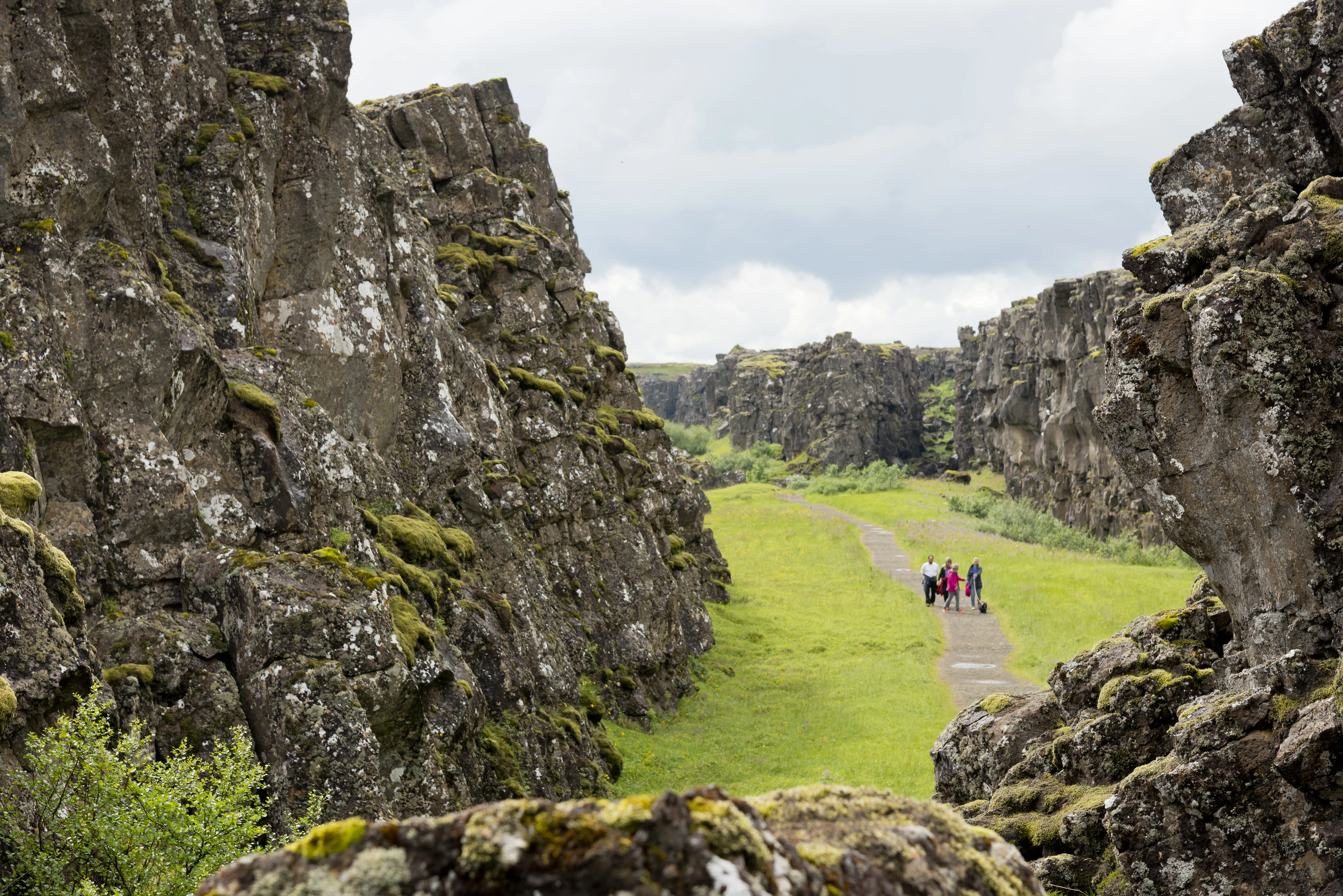 Südisland Nationalpark Thingvellir Almannagja, Foto: Thomas Linkel
Pfad durch die Schlucht Almannagja auf der 4 Personen gehen.  an den Seiten die Kontinentalplatten, die sich jährlich auseinanderbewegen