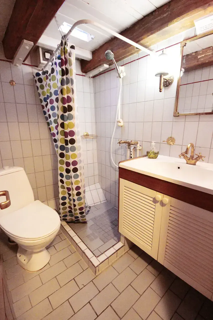 Ein kleines, schön eingerichtetes Badezimmer auf dem Donna Wood Schiff in Island