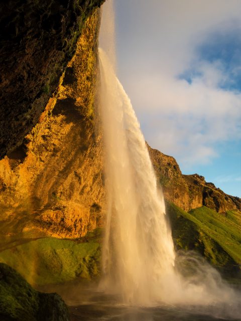 Island, Suedisland, Seljalandsfoss, Wasserfall, Abendsonne, 2015