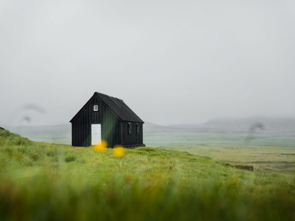 Wiese mit Holzhaus im isländischen Hochland