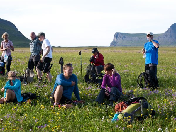 Wanderer bei einer Rast auf grüner Wiese in Island